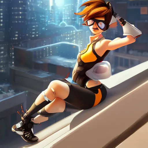 Prompt: digital artwork of tracer sitting on a rooftop, in the style of artgerm, detailed face, expressive face, feminine face, detailed eyes, arstation, 4 k,