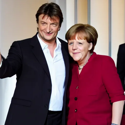 Prompt: nathan fillion and angela merkel in love