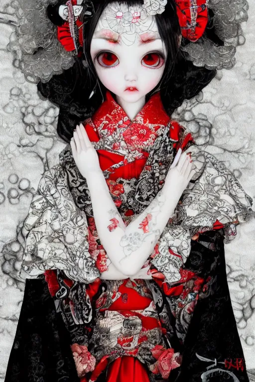 Image similar to high angle photo an avant - garde japanese bjd geisha vampire queen in a victorian lolita fashion red dress in the style of lovecraftian horror painted by yoshitaka amano, takato yamamoto, ayami kojima, dmt art, symmetrical vogue face portrait, intricate detail, artstation, cgsociety, artgerm, rococo