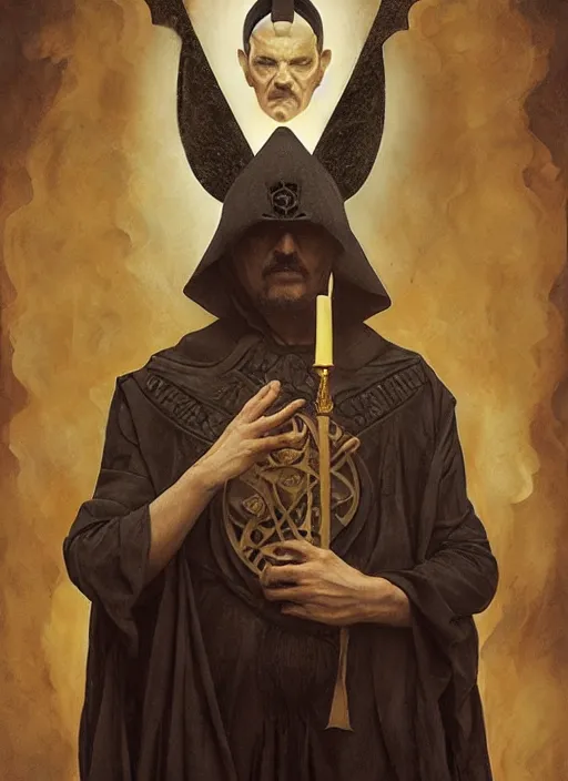 Prompt: pedro pascal as aleister crowley the grand mage of thelema. art by tom bagshaw and greg danton and manuel sanjulian