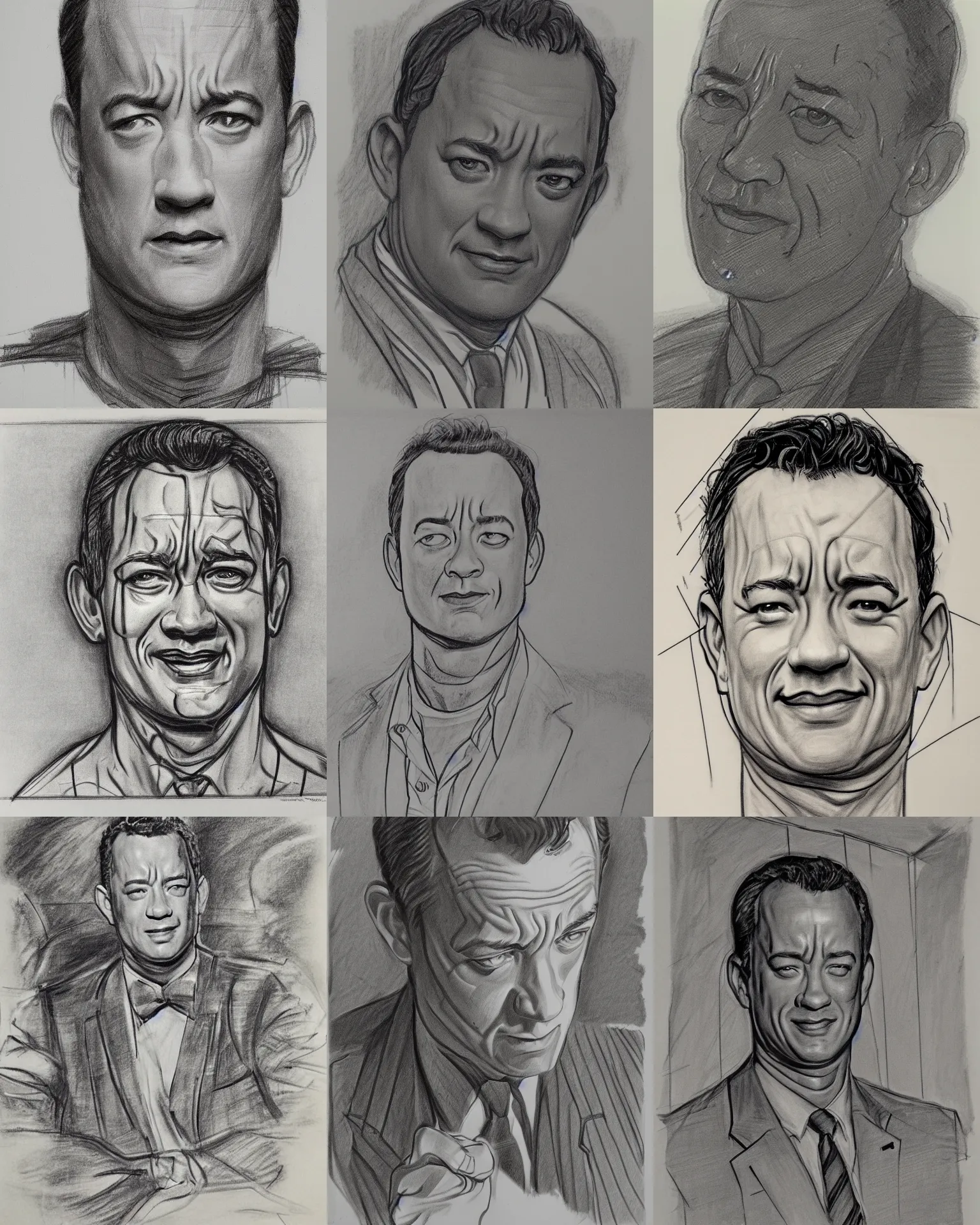 Prompt: linework construction lines preliminary vine charcoal underdrawing of tom hanks, by harold speed, andrew loomis, burne hogarth, george bridgman