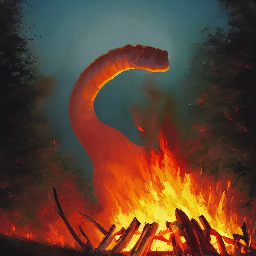 Prompt: A painting of a brachiosaurus being roasted whole on a bonfire, fantasy art, natural, sunset, trending on artstation, art by Makoto Shinkai