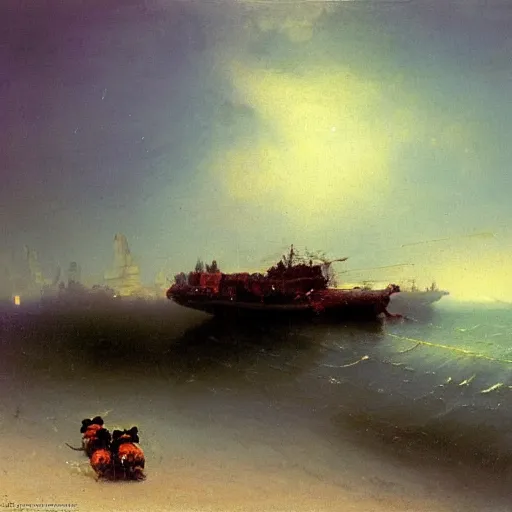 Image similar to Dwarf bees landing in Normandy, 1944, Aivazovsky.