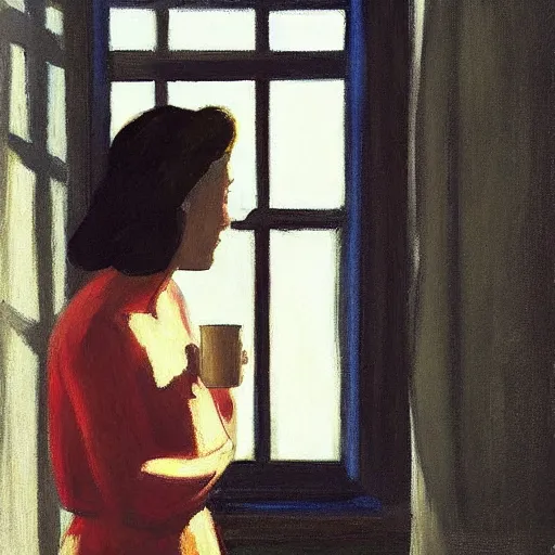 Image similar to “ a girl holding a cup of coffee looking out a window overlooking the east village in new york city, morning light, by edward hopper ”