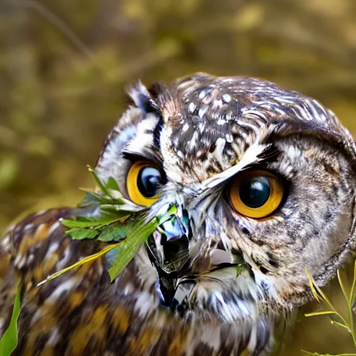 Image similar to scenic photo of an owl catching a mouse. focus on the owl's beak and eye. intricate eye. extremely large wings. extreme detail, hyperrealistic photo