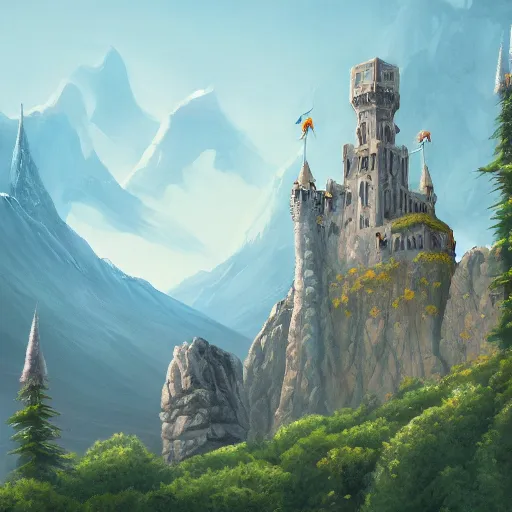 Prompt: a beautiful ultradetailed painting of high fantasy surreal arcane castle on a green mountain above a forest by wes anderson trending on artstation