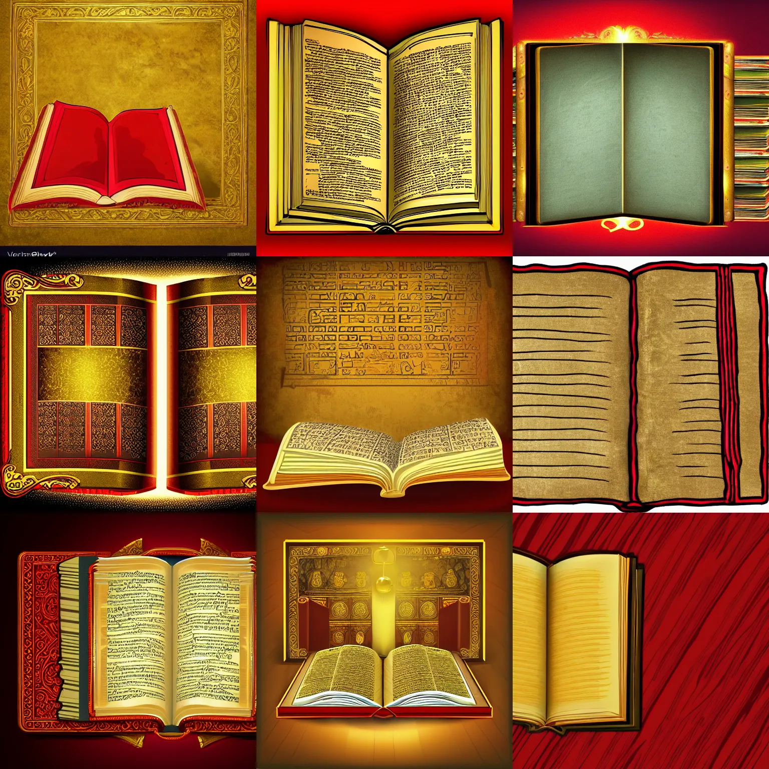 Prompt: open ancient book, golden book, background red speed lines, game asset