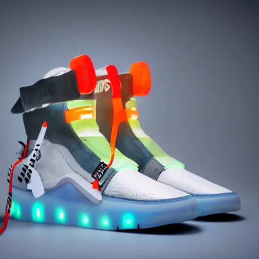 Image similar to a studio photoshoot of Nike Air Mag x Off-white sneakers designed by Virgil Abloh, leather and transparent knitted mesh material, glowing light outsole, realistic, color film photography by Tlyer Mitchell, 35 mm, Graflex