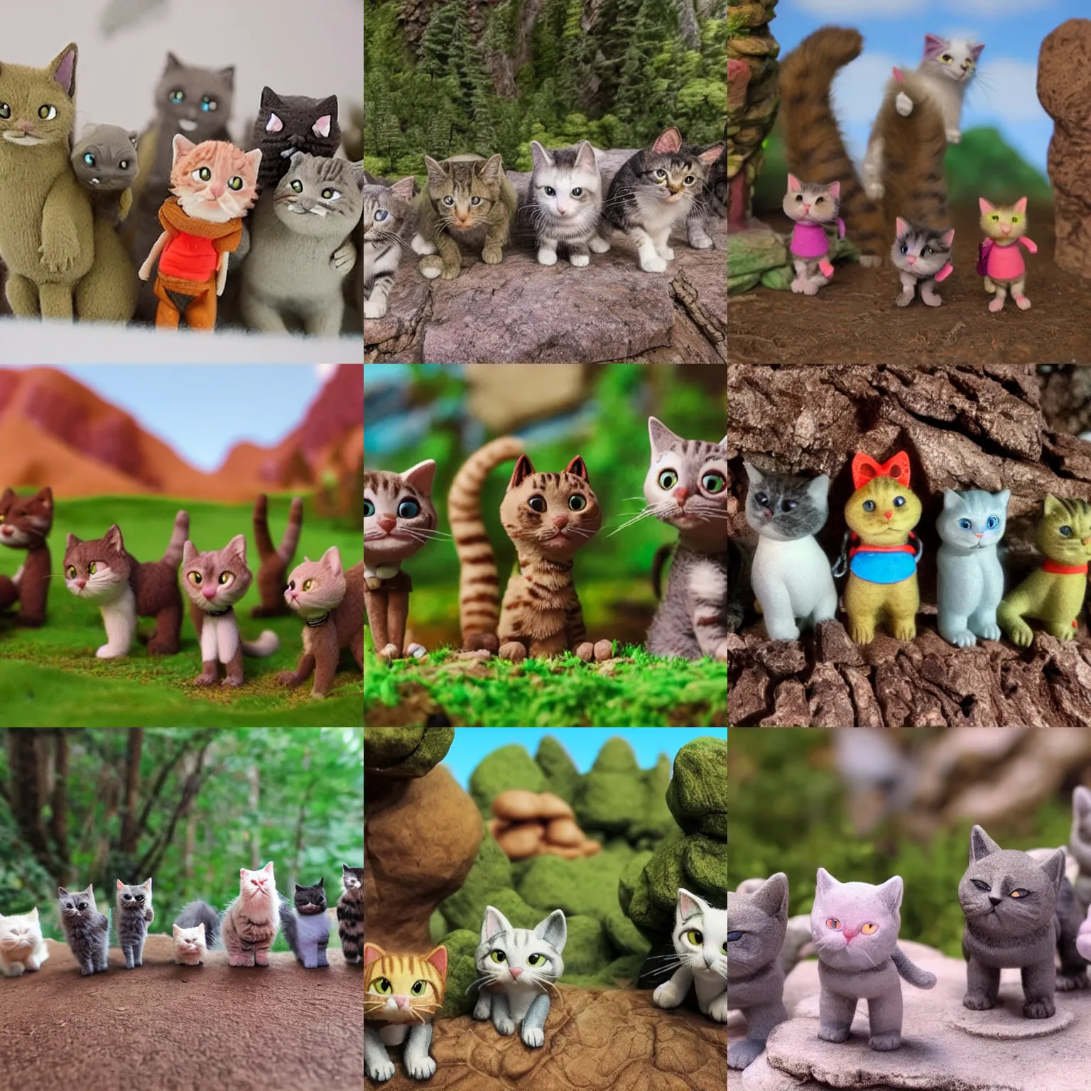 Prompt: a claymation of a group of kitties going on a hiking adventure.