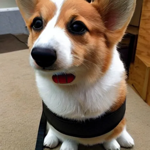 Image similar to corgi wearing a saddle