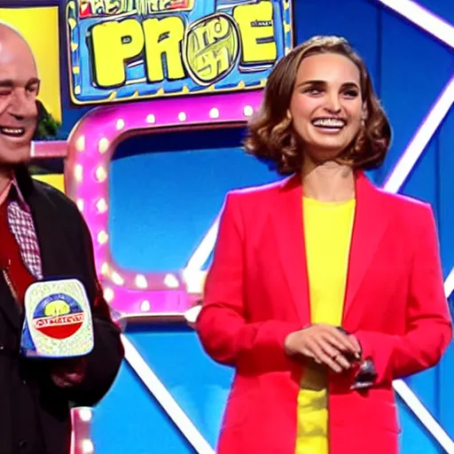 Prompt: natalie portman on the price is right gameshow winning a huge prize