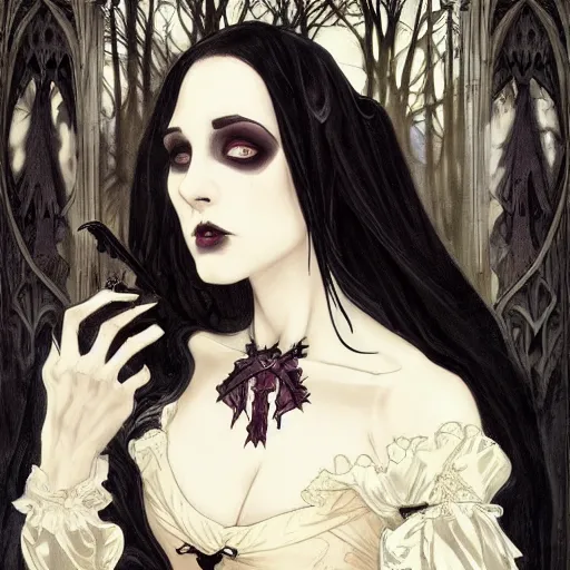 Image similar to Gothic beautiful vampire woman with captivating stare mistress of death mourning widow, white victorian dress, faint smile, shoulder over face, in foggy smoke forest, trending artstation, detailed fantasy portrait academic, sharp focus, alphonse mucha