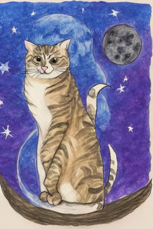 Prompt: drawing of a cat sitting on moon, witchy, mystical, watercolor