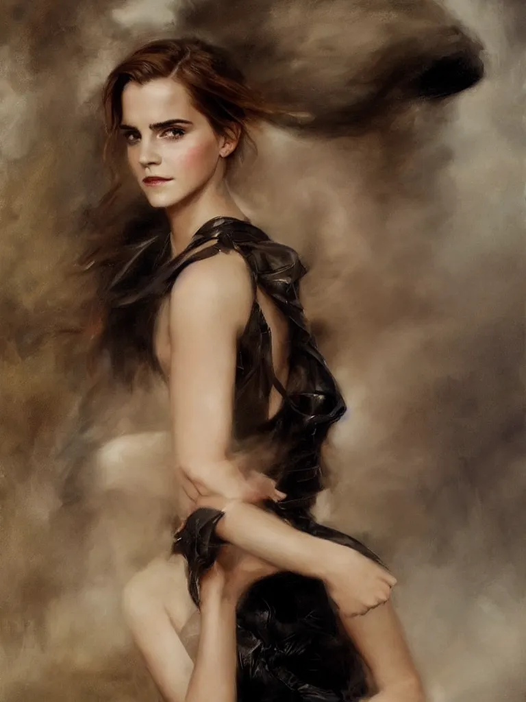 Prompt: close up of emma watson in dressed in leather, cinematographic shot, by vladimir volegov and alexander averin and delphin enjolras and daniel f. gerhartz