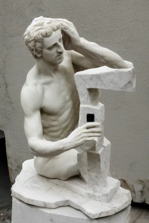 Prompt: marble sculpture of a man taking a selfie