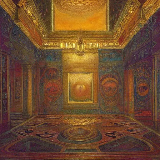 Image similar to a painting of a throne room , tiled floor a raytraced image by Mikalojus Konstantinas Čiurlionis, by Edward Okun, Gustave Moreau , metaphysical painting, hall of mirrors, Hungarian,ominous, dark, concept art, oil painting, blurred