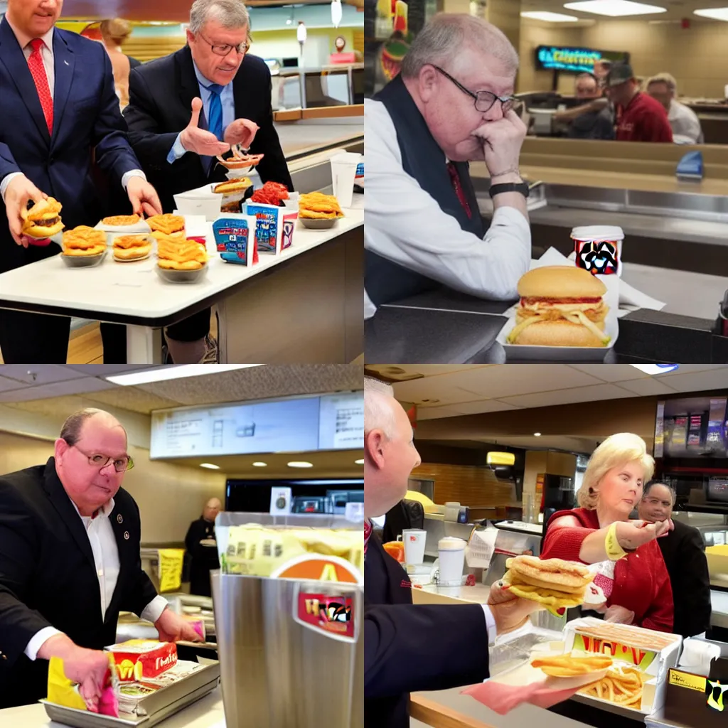 Prompt: Senator Armstrong orders food at a McDonalds, candid photography