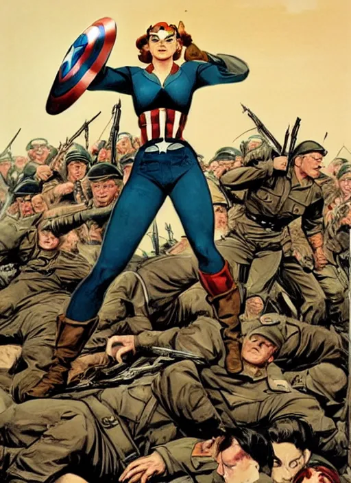 Image similar to beautiful female captain america standing on a pile of defeated german soldiers. feminist captain america wins wwii. american wwii propaganda poster by james gurney. anime.