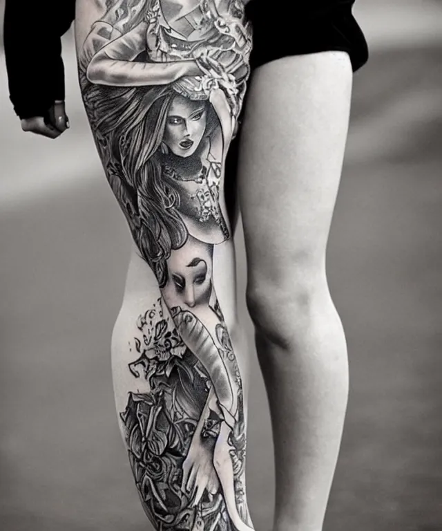Prompt: black and white tattoo, beautiful mermaid, full body