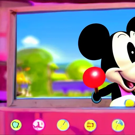 Image similar to mikey mouse with lollipops instead of ears meditating in a 3 d video game screenshot