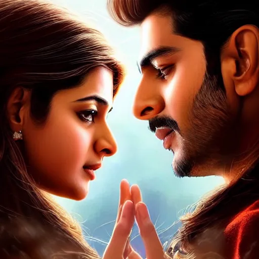 Image similar to perfectly centered bollywood movie promotional poster of anatomically correct hero and heroine side profile faces symmetrical ; real life portrait, ultra realistic, high coherence, intricate, hdr, highly detailed, photorealistic, octane render, 8 k, unreal engine ; romantic theme, two lovers sharing one heart ; art by artgerm, greg rutkowski, charlie bowater