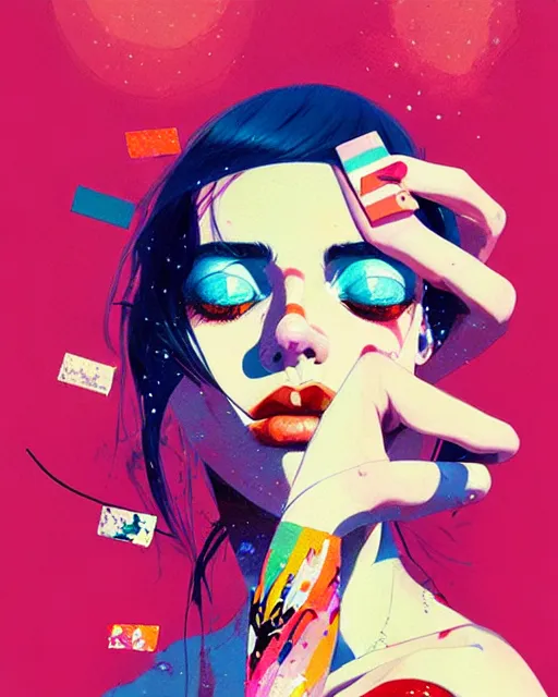 Image similar to a ultradetailed beautiful painting of a stylish woman with colorful band - aids, concert poster, retro, by conrad roset, greg rutkowski and makoto shinkai