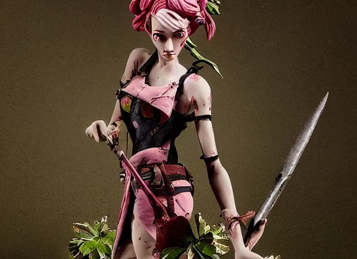 Prompt: an ominous femo figurine of a cute funny spear wielding strawberry fairy survivalist with bandages wearing a dirty floral torn dress featured on left 4 dead by studio ghibly and gamesworkshop, carrying survival gear in a large strawberry backpack, using a modelling knife as a spear, dark and moody atmosphere, hiding from fairy zombies, 🎀 🗡 🍓 🧚