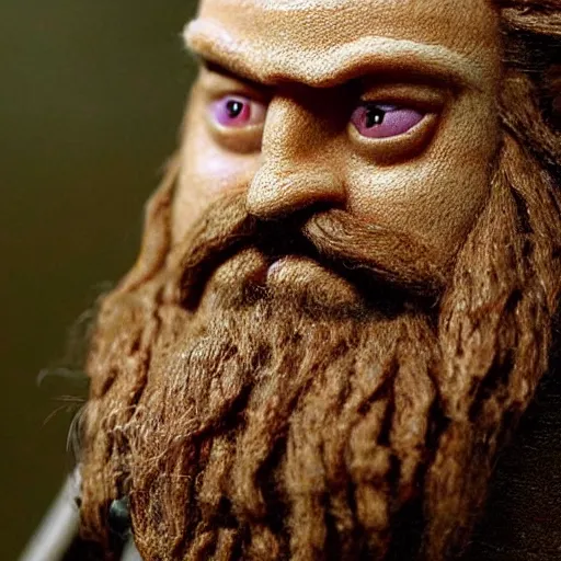 Image similar to needle felted gimli from the return of the king (2003), highly detailed, tilt shift, eerie!!!, hyperrealism, highly textured, god rays