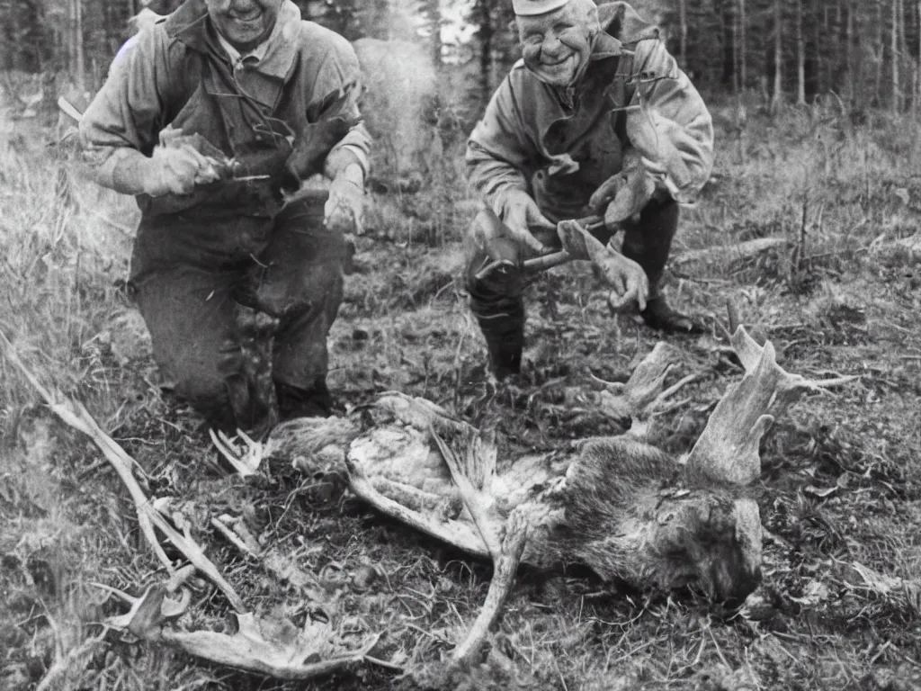 Image similar to happy finnish grandpa gutting a freshly killed moose and smiling to the camera, 1 9 6 6, home album pocket camera photo, detailed facial features, hyper realistic