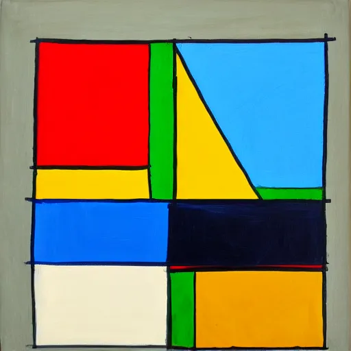 Image similar to painting, four rectangle and one triangle shapes ( colors : blue, yellow, green ), divided by black lines