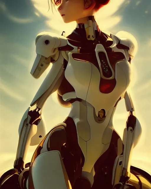 Prompt: beautiful delicate imaginative streamlined mecha neon genesis evangelion elegant futuristic close up portrait of a pilot female sitting with elegant deadly looks, armor with gold linings by ruan jia, tom bagshaw, alphonse mucha, futuristic buildings in the background, epic sky, vray render, artstation, deviantart, pinterest, 5 0 0 px models