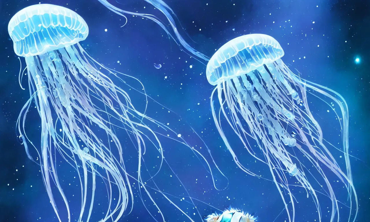 Prompt: Lonely detailed jellyfish in space, blue tones, underwater, full frame, highly detailed, digital painting, artstation, concept art, smooth, sharp focus, illustration, art greg rutkowski and alphonse mucha