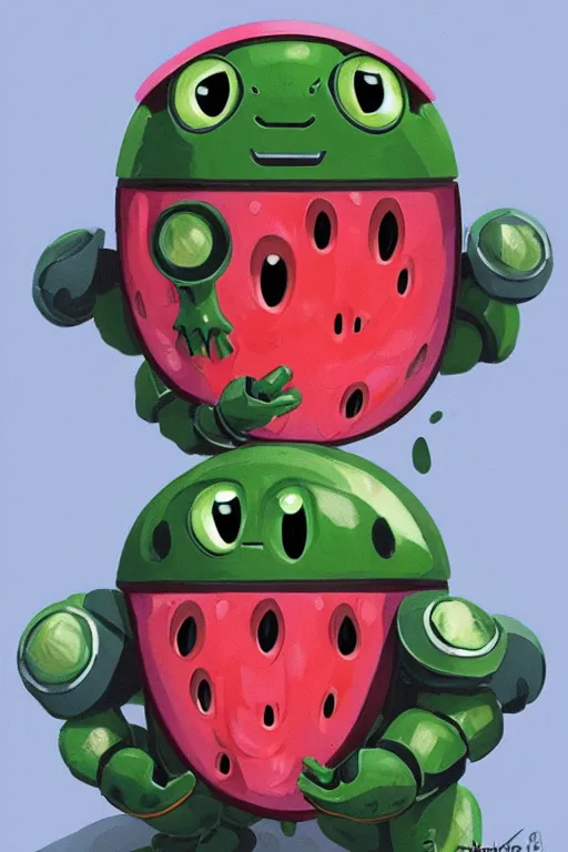 Image similar to cute anthropomorphic watermelon Tachikoma, Tachikoma made of watermelon, tiny, small, miniature Tachikoma, baby watermelon Robot, short, pale blue armor, cute and adorable, pretty, beautiful, DnD character art portrait, matte fantasy painting, cgsociety Artstation, by Jason Felix by Steve Argyle by Tyler Jacobson by Peter Mohrbacher, cinematic lighting