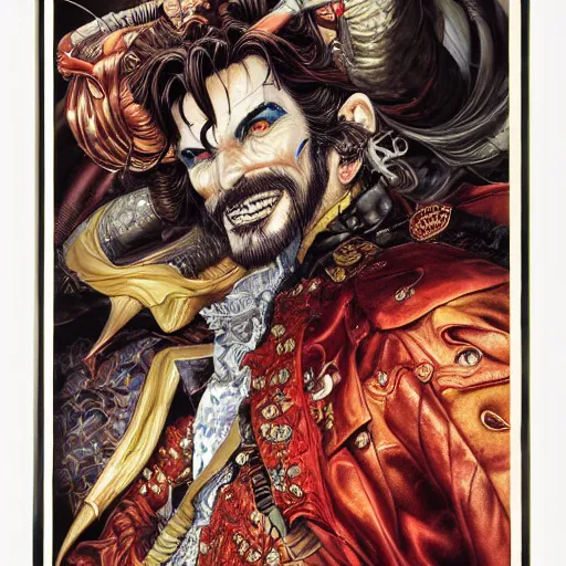 Prompt: portrait of crazy captain hook, symmetrical, hyper detailed, by yoichi hatakenaka, masamune shirow, josan gonzales and dan mumford, ayami kojima, takato yamamoto, barclay shaw, karol bak, yukito kishiro