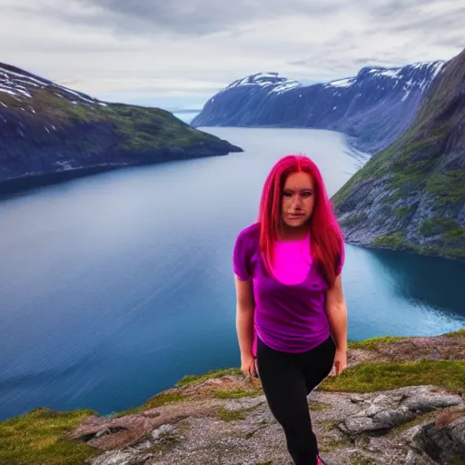 Prompt: a young woman with long pink hair, face front facing forward for a selfie, hiking clothes, tank top, norway, fjords in background, cinematic, beautiful, stunning, day time, epic, 8 k, 1 6 : 9