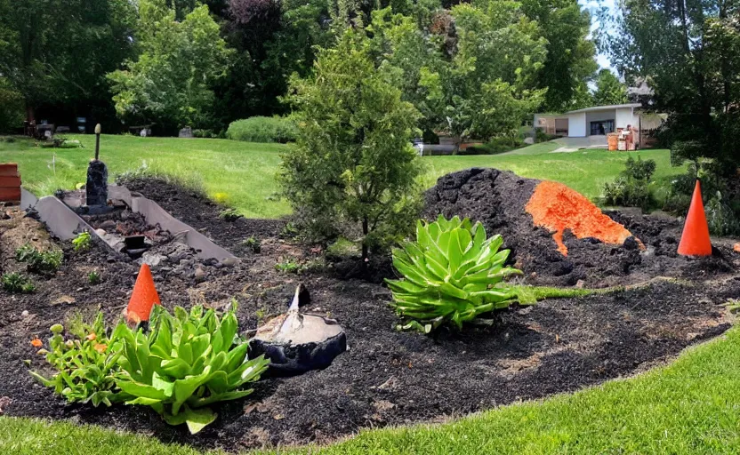 Prompt: suburban yard with miniature volcano erupting in the yard, ground level