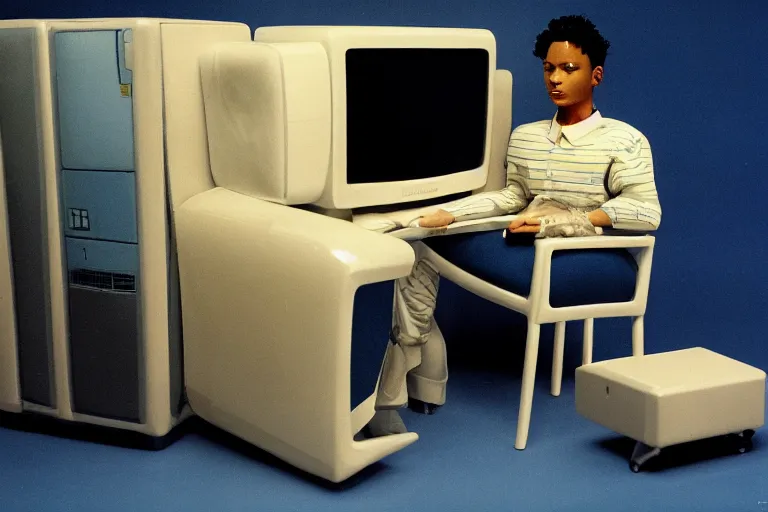 Image similar to an extremely realistic life-sized computer mainframe made of porcelain, beautiful model made of plastic sitting on a starry blue couch, from 1985, bathed in the glow of a crt television, low-light photograph, in style of Tyler Mitchell