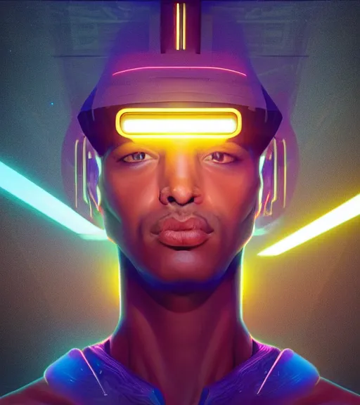 Image similar to symmetry!! egyptian prince of technology, solid cube of light, hard edges, product render retro - futuristic poster scifi, lasers and neon circuits, brown skin man egyptian prince, intricate, elegant, highly detailed, digital painting, artstation, concept art, smooth, sharp focus, illustration, dreamlike, art by artgerm