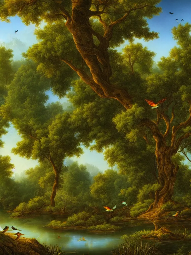 Image similar to forest with twisting fantasy tress and pond with birds, Digital Matte Illustration by asher brown durand