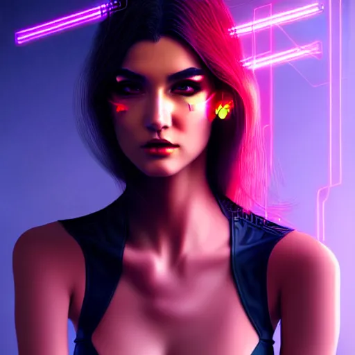 Prompt: A beautiful digital art portrait of a stunningly attractive cyberpunk woman in the style of Hou China