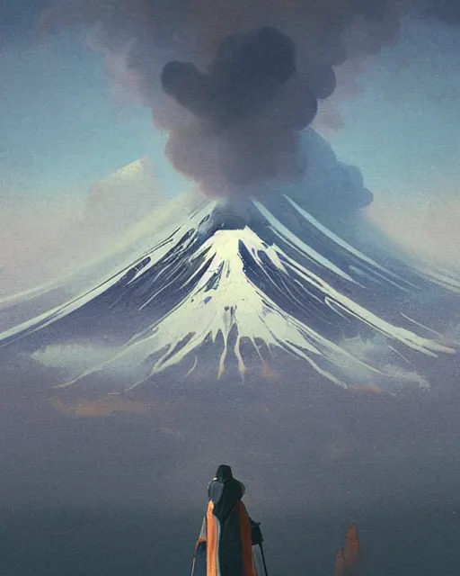 Prompt: a highly detailed epic cinematic concept art CG render digital painting artwork: Mount Fuji . By Greg Rutkowski, in the style of Francis Bacon and Syd Mead and Norman Rockwell and Beksinski, open ceiling, highly detailed, painted by Francis Bacon and Edward Hopper, painted by James Gilleard, surrealism, airbrush, Ilya Kuvshinov, WLOP, Stanley Artgerm, very coherent, triadic color scheme, art by Takato Yamamoto and James Jean