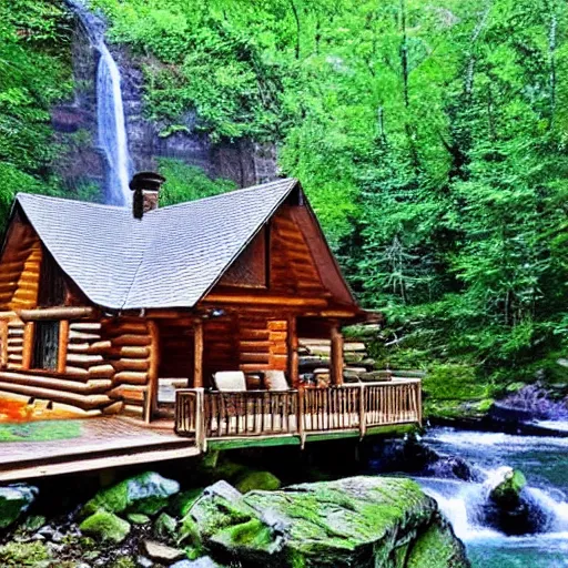 Image similar to “log cabin by waterfall”