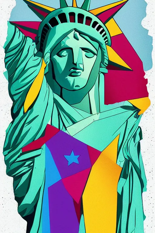 Image similar to cubist statue of liberty cutout digital illustration cartoon colorful beeple