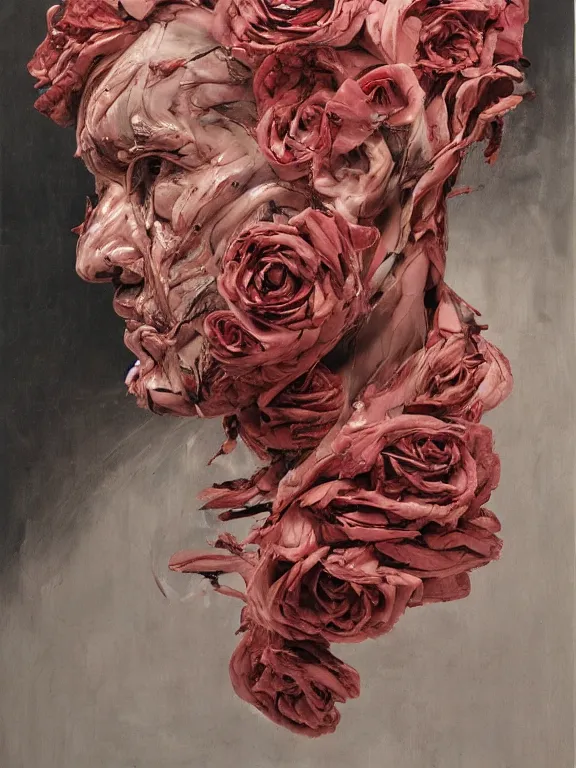 Image similar to twisted head, head made of roses, portrait by jenny saville