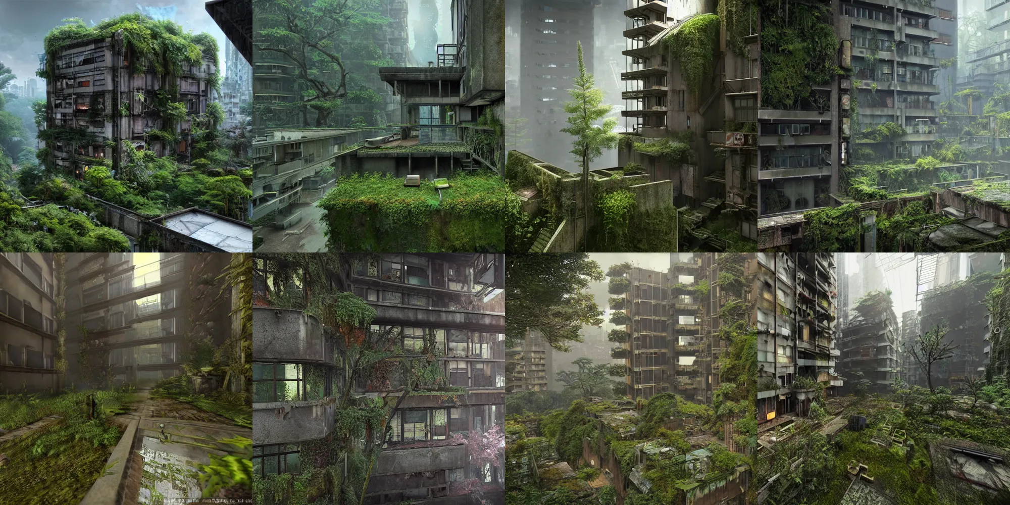 Prompt: a 12x(very) much detailed wonderously complicated Glorious Remastered in Unreal Engine 5.1 With Lumen and Volumetrics of an abandoned japanese cyberpunk brutalist appartment being retaken by nature by greg rutkowski and thomas kinkade, dense with greenery, moss, flowering vines, ferns and mold on concrete