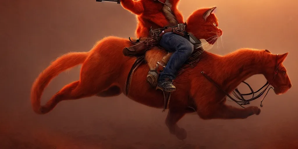 Image similar to a red cat wearing a blue hat while riding a horse and shooting a gun into the air, wild west background, digital art, amazing quality, perfect lighting. Professional design. Great composition. Mind blowing detail. award winning art. impressive colors. trending on artstation.