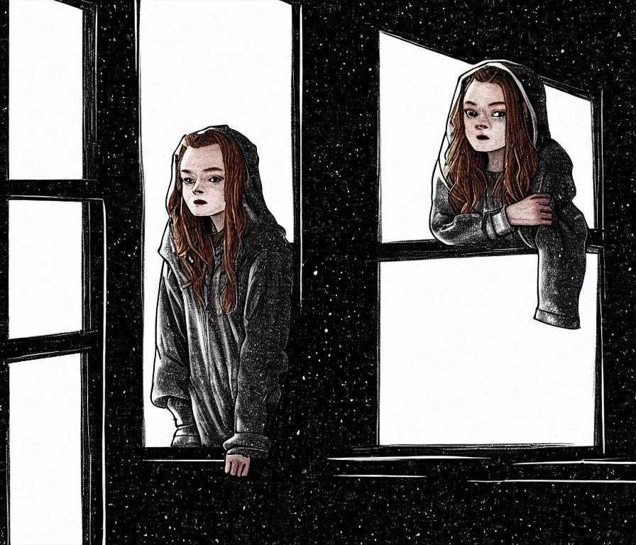 Image similar to sadie sink in hoodie sits on windowsill, knees tucked in | rain falls at night : storyboard, scifi cyberpunk. by joe alves, chris bonura. cinematic atmosphere, detailed and intricate, perfect anatomy