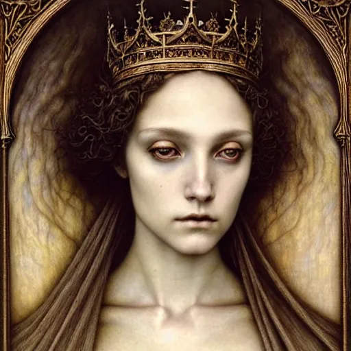 Prompt: detailed realistic beautiful young medieval queen face portrait by jean delville, tom bagshaw, brooke shaden, gustave dore and marco mazzoni, art nouveau, symbolist, visionary, gothic, pre - raphaelite, ornate gilded medieval icon, surreality, ethereal, unearthly, haunting, celestial, neo - gothic, ghostly, memento mori, eerie