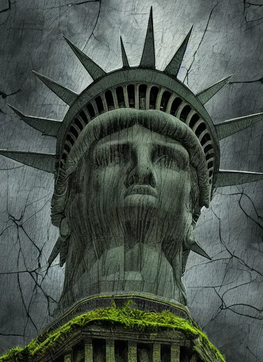 Image similar to hyper detailed painting of the statue of liberty; cracked, decaying, covered in moss and vines; thunderstorm; moody cinematic lighting, painted by Greg Rukowtski, trending on Artstation