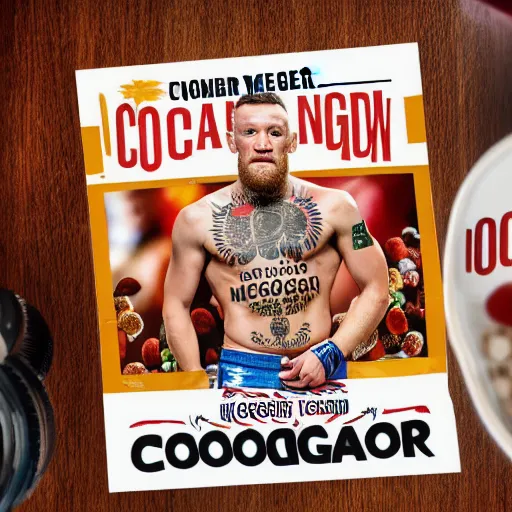 Image similar to conor mcgregor breakfast cereal box and bowl, product advertisement, photograph, close-up, professional photograph, well-lit, 8k DSLR,